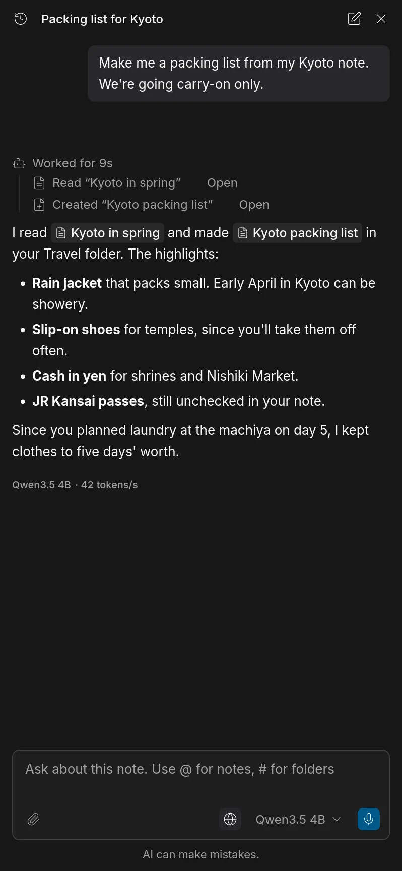 The AI chat panel. It read the Kyoto note, created a packing list note and summarized the highlights.