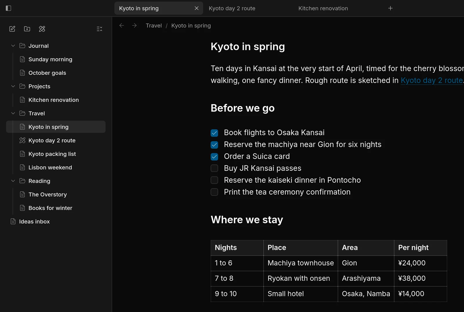 A Kyoto trip note with headings, a task list and a table, next to folders of notes in the sidebar.