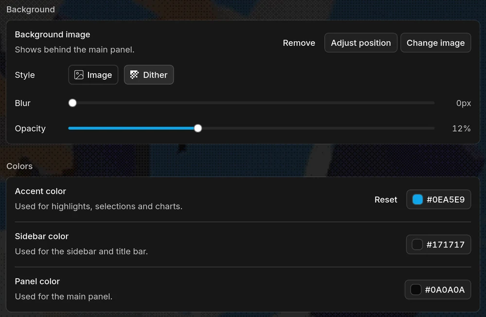 Appearance settings: a background image in the Dither style with blur and opacity, and accent, sidebar and panel colors.
