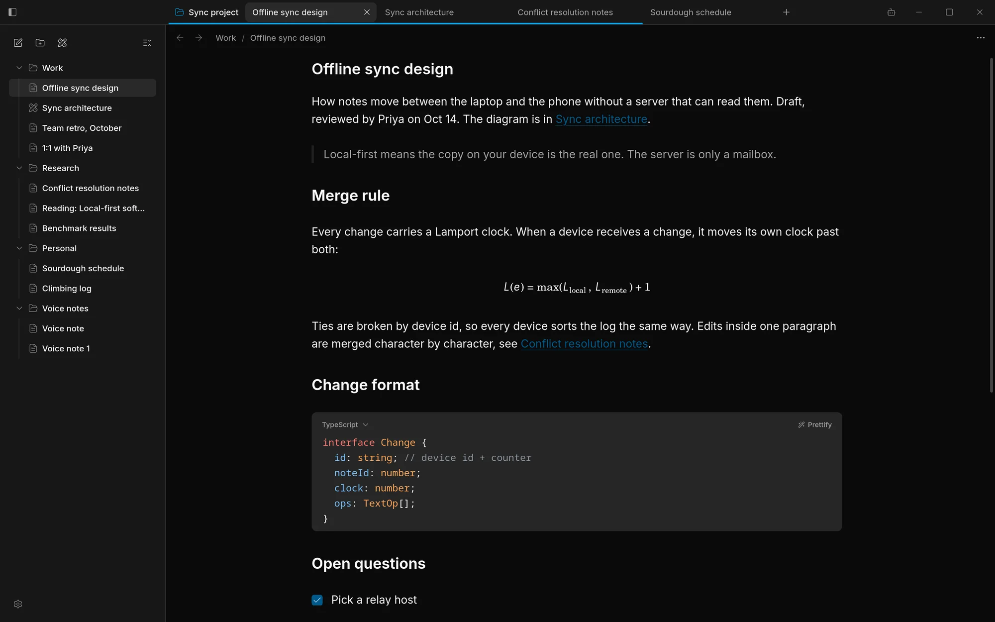 An offline sync design note with a quote, a formula, a TypeScript code block and links to other notes.